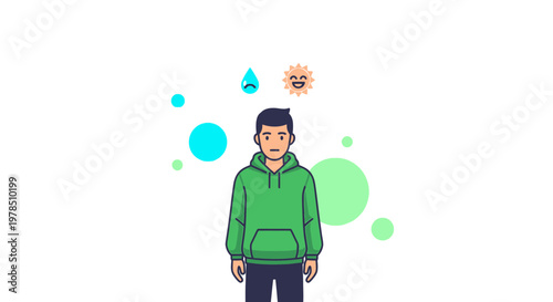 Conceptual illustration of a person navigating between happy and sad emotional states with simple