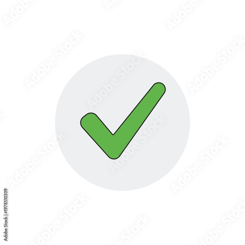 Bright Green Check Mark Inside Light Grey Circle on White Background
