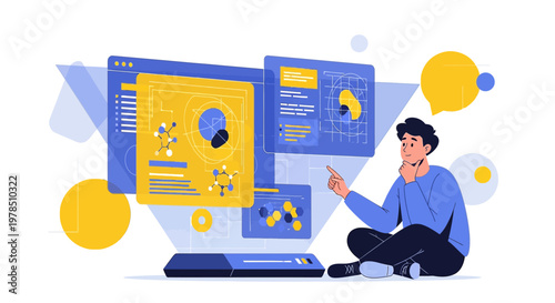 Conceptual illustration of a thoughtful man analyzing complex data on virtual interface