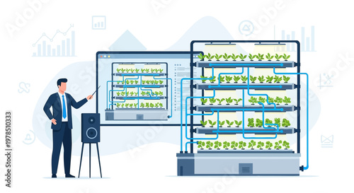 Conceptual Illustration of a Vertical Farming Presentation with Modern Aquaponics Display