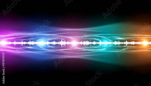 Abstract visualization of holographic sound waves as shimmering multi-colored translucent ribbons.