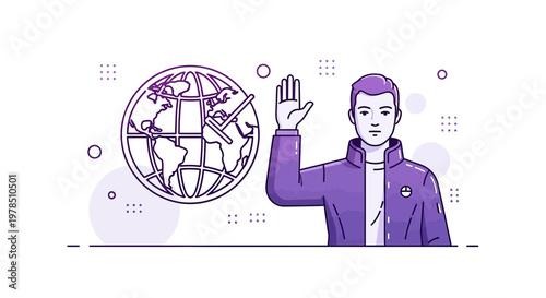 Conceptual Illustration: Young Man Making a Pledge for Global Unity and Understanding
