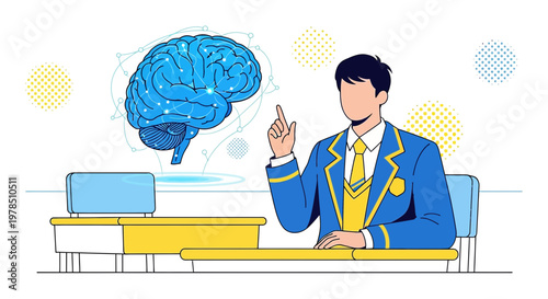 Conceptual illustration showcasing student learning and brain development with a digitalized brain