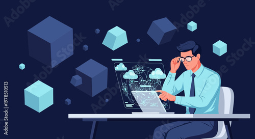 Conceptual man using advanced technology with cloud computing and data cubes integration background