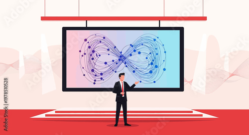 Conceptual presentation of data analysis by executive on stage for shareholders