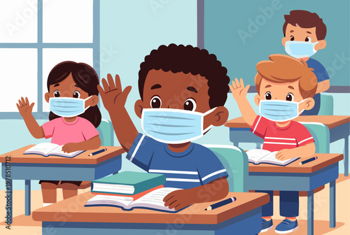 A cartoon illustration of a teacher and students in a school classroom where children are reading books and studying at their desks during a learning class