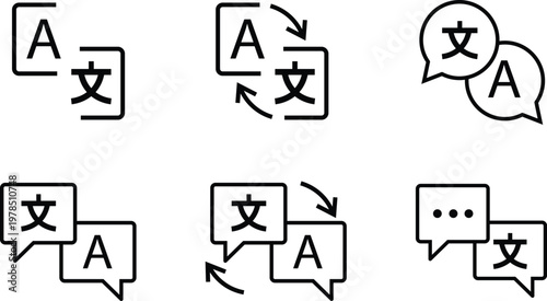 Language Translation Chat icons set. These icons are commonly used for website localization menus, translation apps, and customer support interfaces.