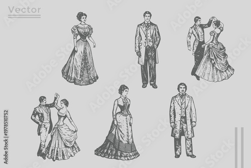 Vintage Victorian Man and woman with couple figure collection set illustration. Vintage engraving style ladies and gentlemen dancing. engraved retro sketch.