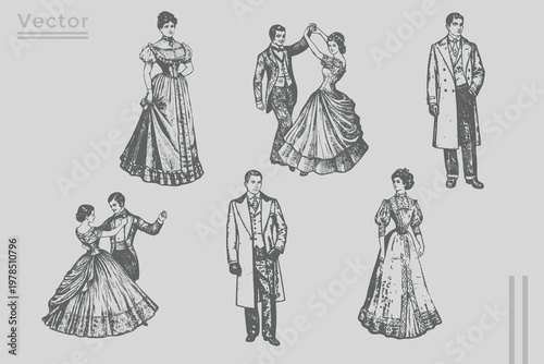 Victorian fashion single Man and woman with couple figure collection Vintage engraving style illustration. Victorian and woman gentleman with hat and mustache. Hand drawn engraved retro sketch.