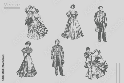 Victorian fashion single Man and woman with couple figure collection Vintage engraving style illustration. Victorian and woman gentleman with hat and mustache. Hand drawn engraved retro sketch.