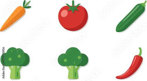 A collection of fresh healthy vegetables including tomato, carrot, and pepper isolated on a white background as a vector illustration set for diet and vegetarian food design