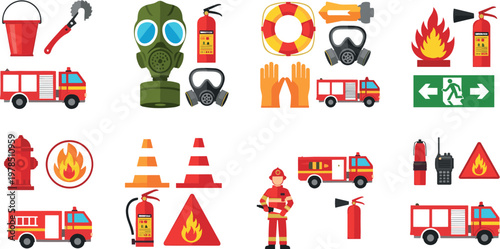 Firefighting Safety Gear and Equipment Set Featuring Fire Truck, Fire Extinguishers, Fire Hose, and Protective Gear