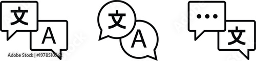 Language Translation outline icons set. These icons are commonly used for website localization menus, translation apps, and customer support interfaces.