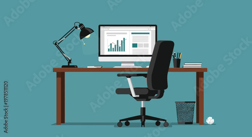 A modern workspace featuring a computer desk lamp office chair and various stationery items