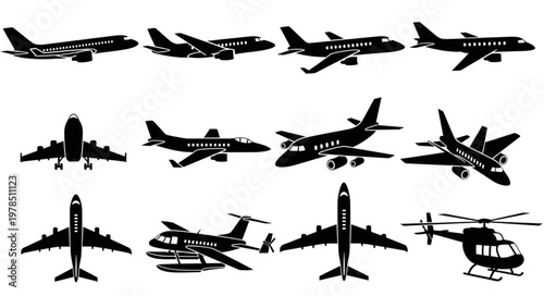 Collection of Airplane and Helicopter Silhouettes.