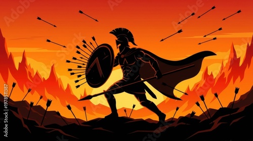 Ancient Greek Spartan Warrior Silhouette in Fire