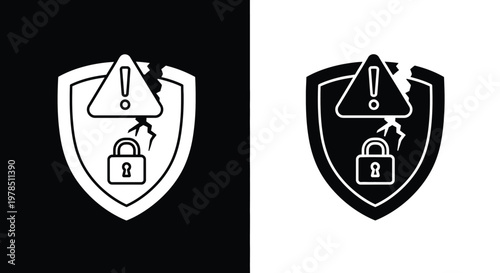 A broken shield icon with an exclamation mark and padlock shown in two distinct color variations
