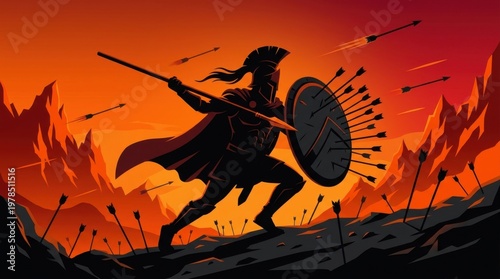 Spartan Soldier Fighting in Flames Illustration