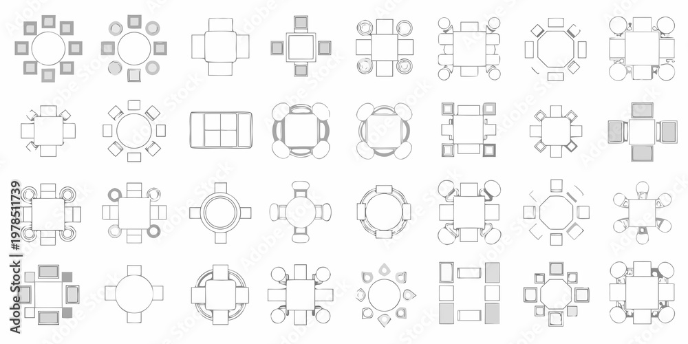 Obraz premium Various table arrangements displayed as top down architectural plans