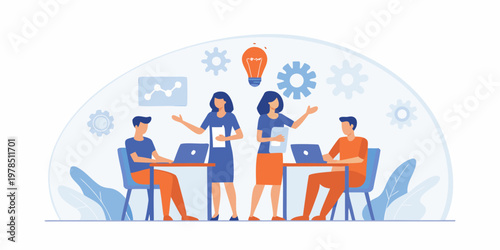 Team brainstorming session with ideas and technology displayed overhead