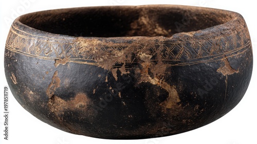 Ancient Black Pottery Bowl with Intricate Decorative Patterns