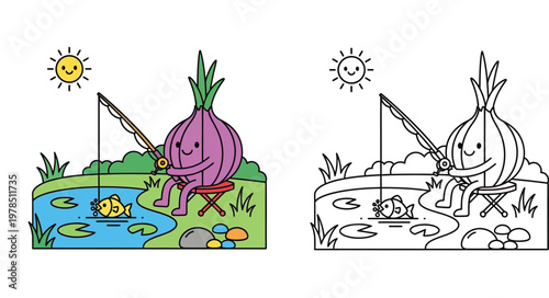 Kawaii Onion Character Fishing Near Pond Coloring Page and Vector Illustration for Kids Activities