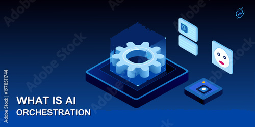 Abstract isometric illustration representing artificial intelligence orchestration concepts