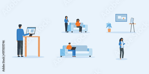 People interacting with technology in a modern minimalist office space