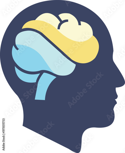 Illustrative concept of a Healthy brain within a human head silhouette, depicting mental health, learning, and neurological function
