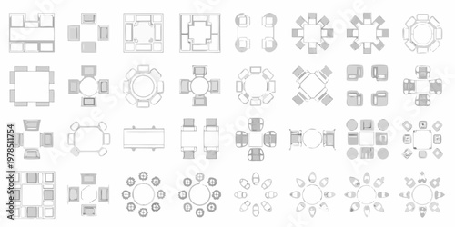Architectural floor plan views of various tables and chair arrangements
