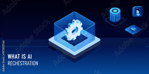 Isometric illustration depicting ai orchestration with gears and digital elements