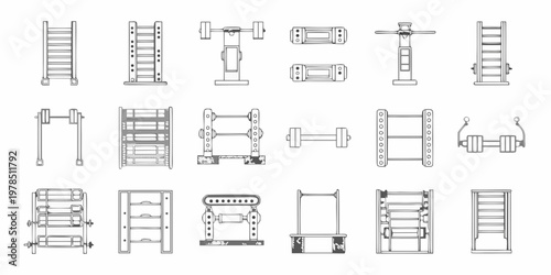 Line art illustration of various gym and fitness equipment pieces