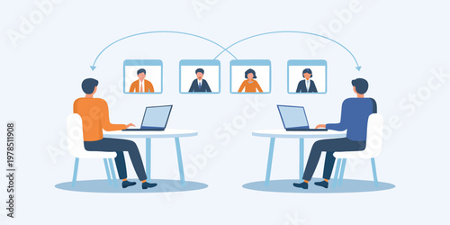 People participating in a virtual meeting using laptops and video conferencing