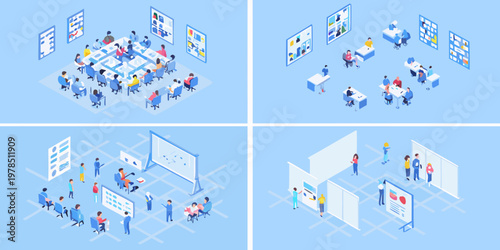 Isometric illustrations depicting various office scenes and business interactions