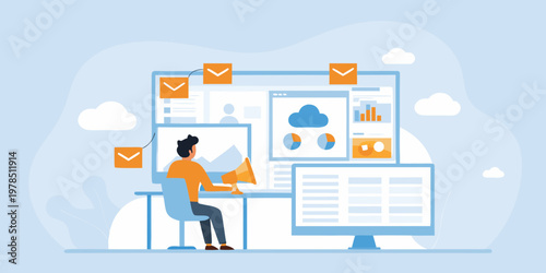 Person analyzing data on multiple computer screens with charts