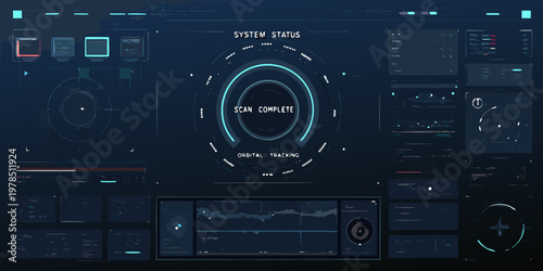 Futuristic system interface displaying scan completion and orbital tracking data