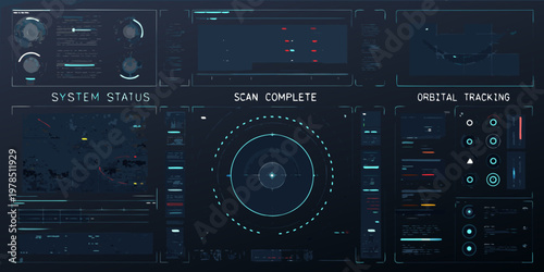 Futuristic digital interface displaying system status orbital tracking and scan data