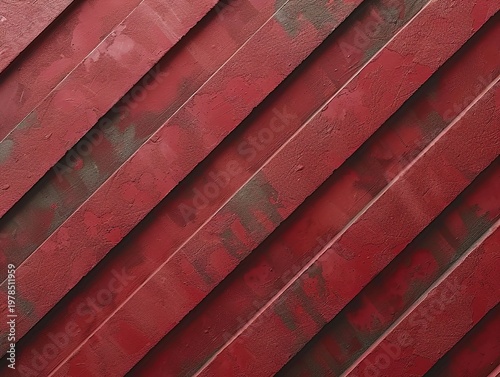 A close-up view of a red wooden slatted surface with a textured finish