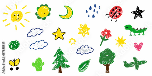 Colorful childlike drawings depict suns moons clouds and various creatures