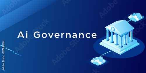 Ai governance concept with a classical building and cloud connections