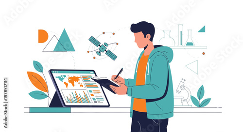 Contemporary depiction of a student using technology for scientific data analysis and note-taking