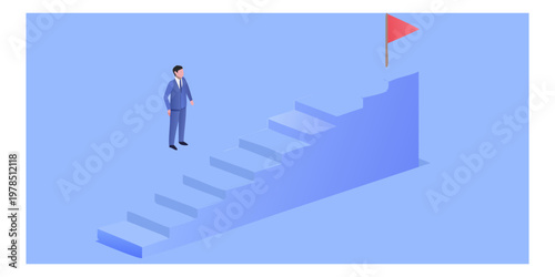 Businessman climbing stairs towards a red flag representing success