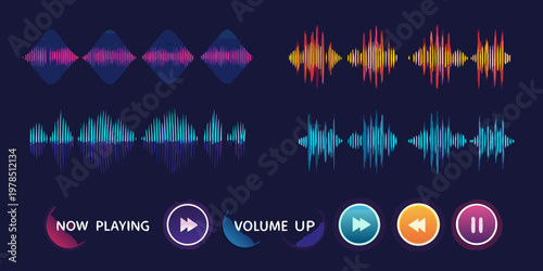 Abstract sound waves and music player controls on a dark background
