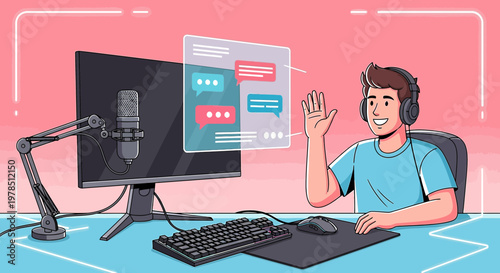 Content creator engages with online audience in vibrant streaming setup with equipment