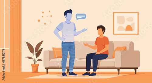 Conversation between friends in a cozy living room illustration vector graphic design