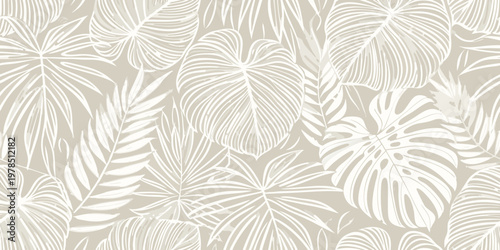 Elegant seamless pattern of tropical monstera and palm leaves