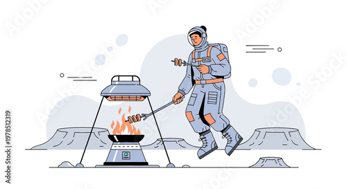 Cosmic cookout a astronaut grilling marshmallows on a lunar landscape using futuristic equipment