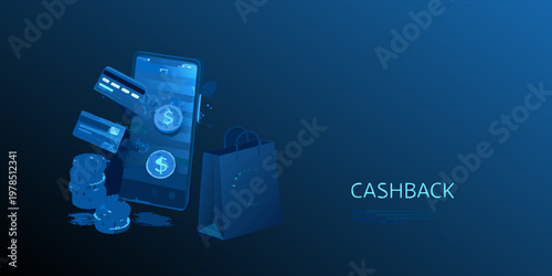 Mobile payment and cashback rewards concept with cards and shopping