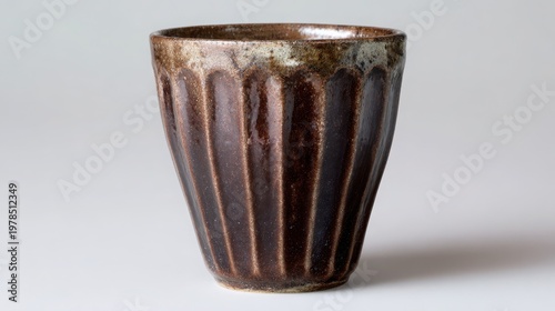 Elegant Dark Ceramic Cup with Ribbed Design and Glossy Finish