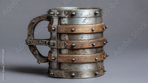 Vintage Metal And Wood Mug With Rivets And Riveted Handle Design